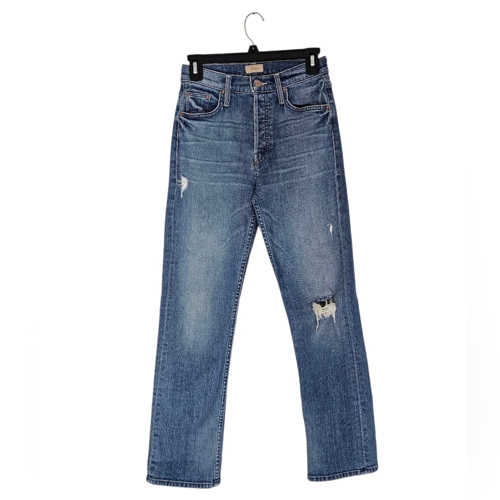 MOTHER Women Straight Leg Jeans Blue Distressed